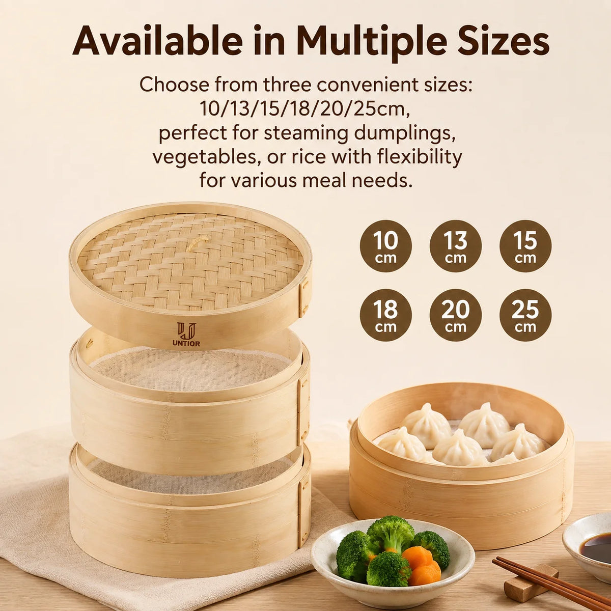 Tan bamboo dumpling steamer baskets with lid, shown stacked and filled with steamed dumplings.