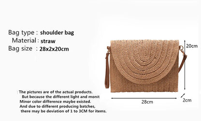 Tan woven straw crossbody bag with a curved envelope flap design for daily summer use.