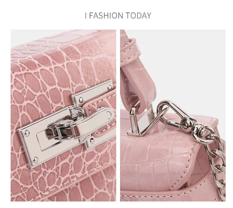 Pink faux leather crossbody bag with a textured pattern, silver lock, and adjustable strap for daily outings.