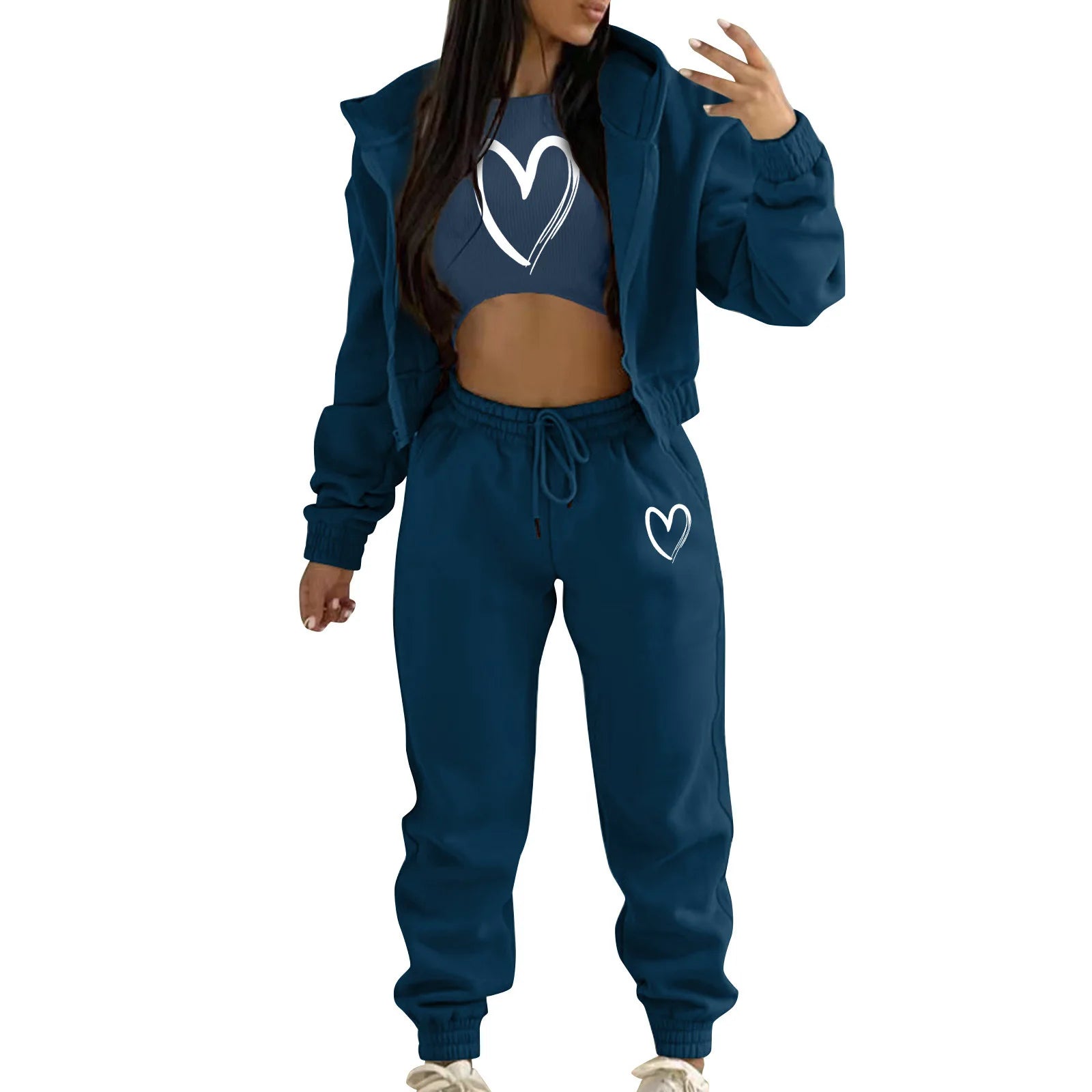 Blue knit hooded sweater set with white heart print, featuring a relaxed, stretchy fit for loungewear.