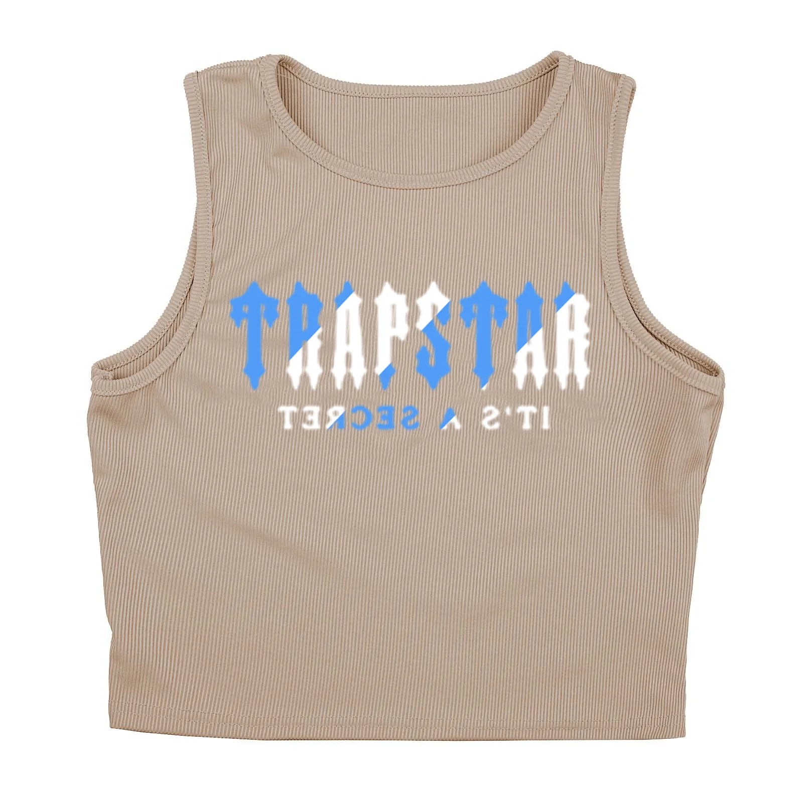 Beige ribbed knit tank top with blue and white letter print for casual everyday wear.