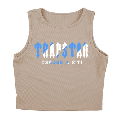 Beige ribbed knit tank top with blue and white letter print for casual everyday wear.