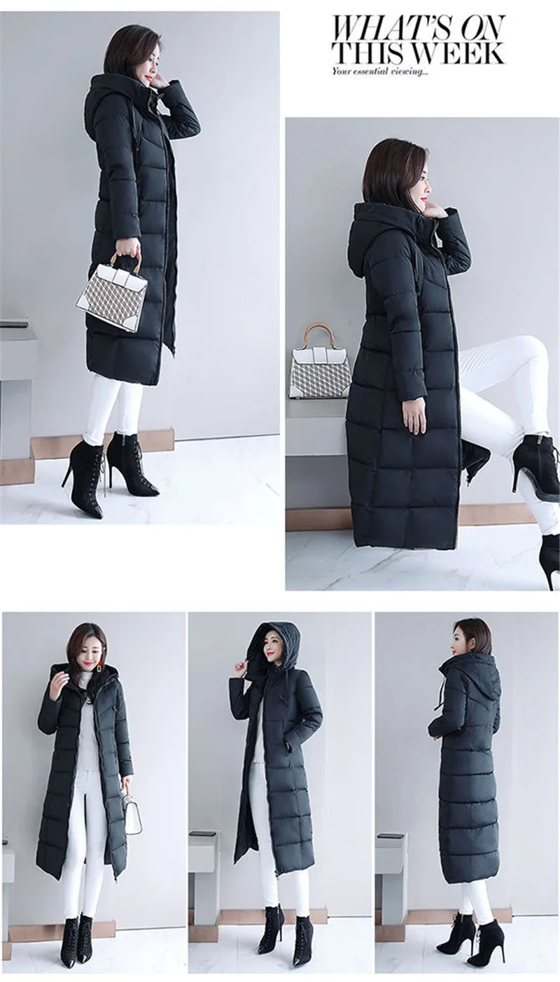 Black long straight winter puffer coat with a hood for women.