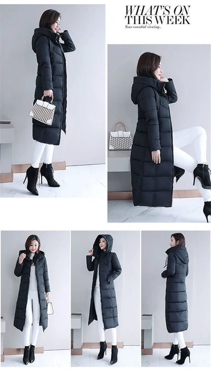 Black long straight winter puffer coat with a hood for women.