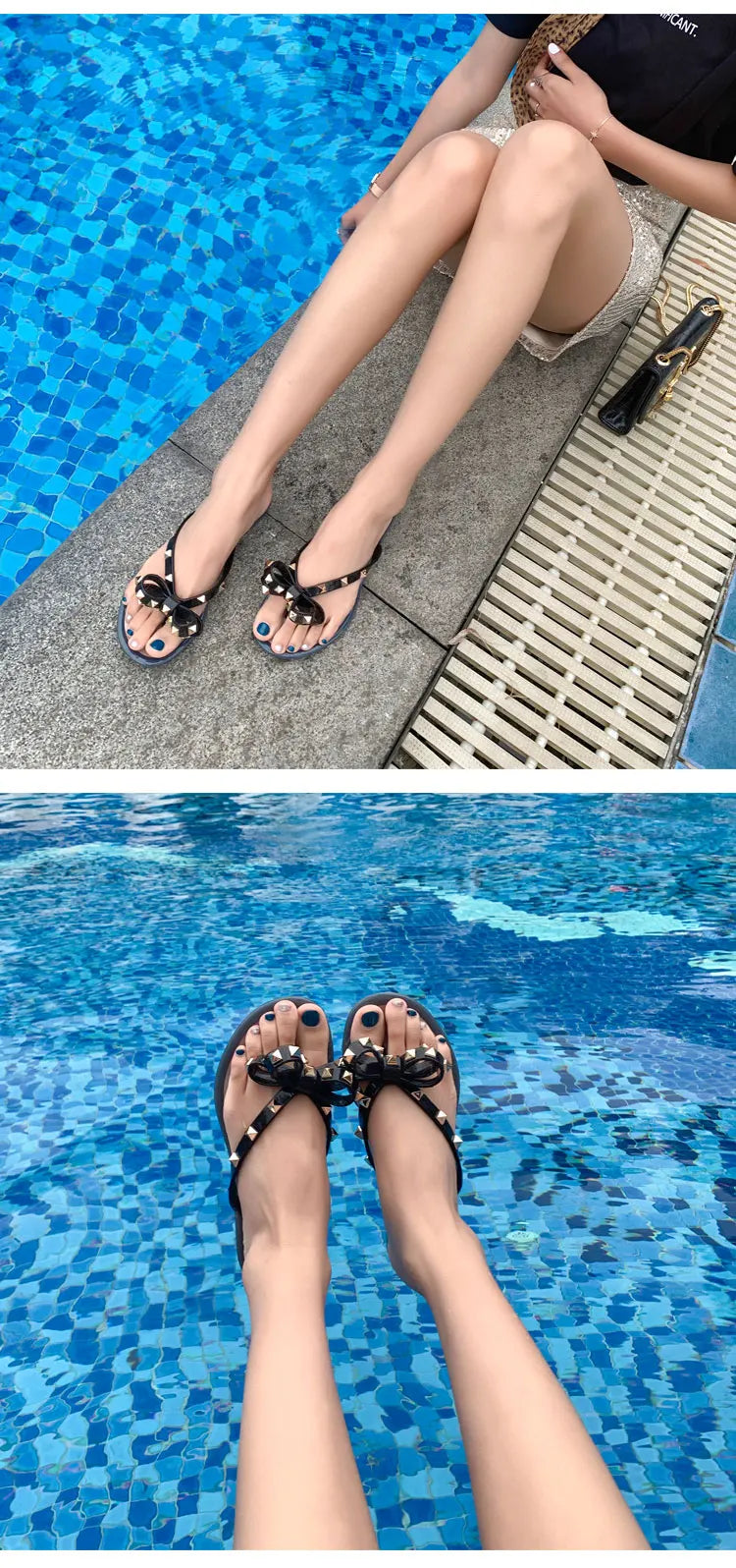Studded Flat Bot Thong Slippers Holiday Beach Sandals Women's Jelly Slip-On oes Comfortable Casual PVC Footwear