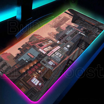Large RGB LED gaming desk mat with city sunset print