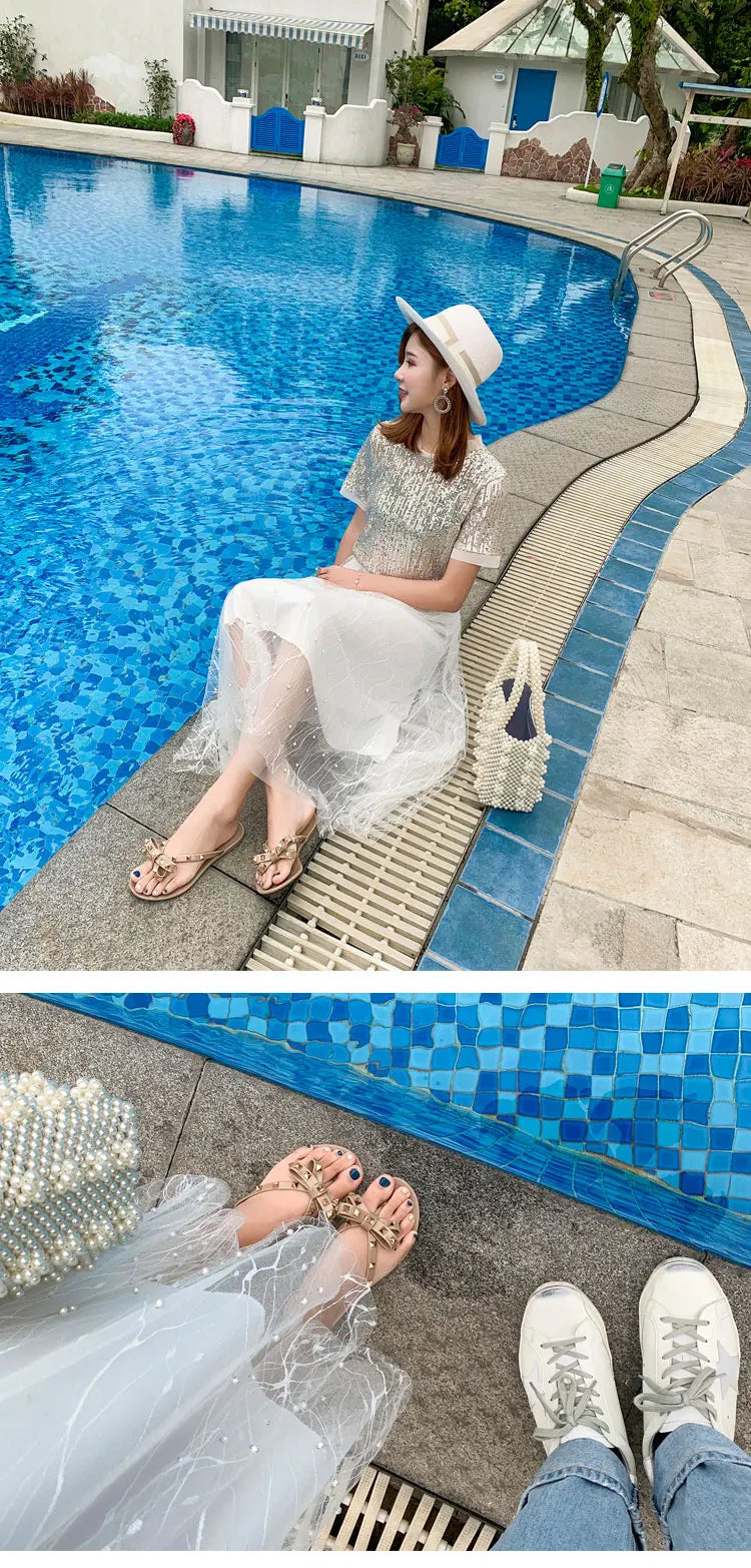 Studded Flat Bot Thong Slippers Holiday Beach Sandals Women's Jelly Slip-On oes Comfortable Casual PVC Footwear