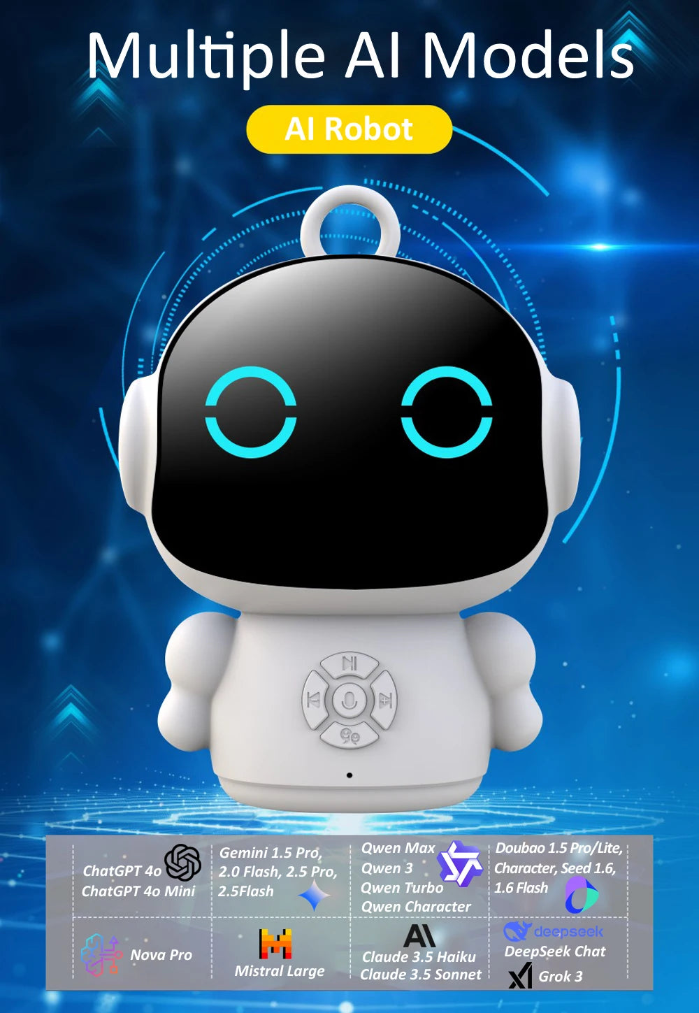 White plastic education robot toy with glowing blue eyes and voice interaction for interactive learning.