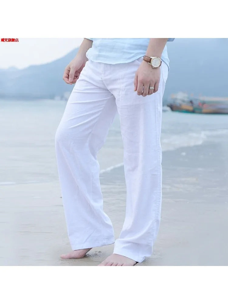 Men's Linen Pants With Wide Leg And Loose Fit With Drawstring Waist For Lightweight Breathable Comfort