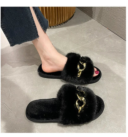 Plush Slippers for Women with Chain Detail and Cushioned Sole