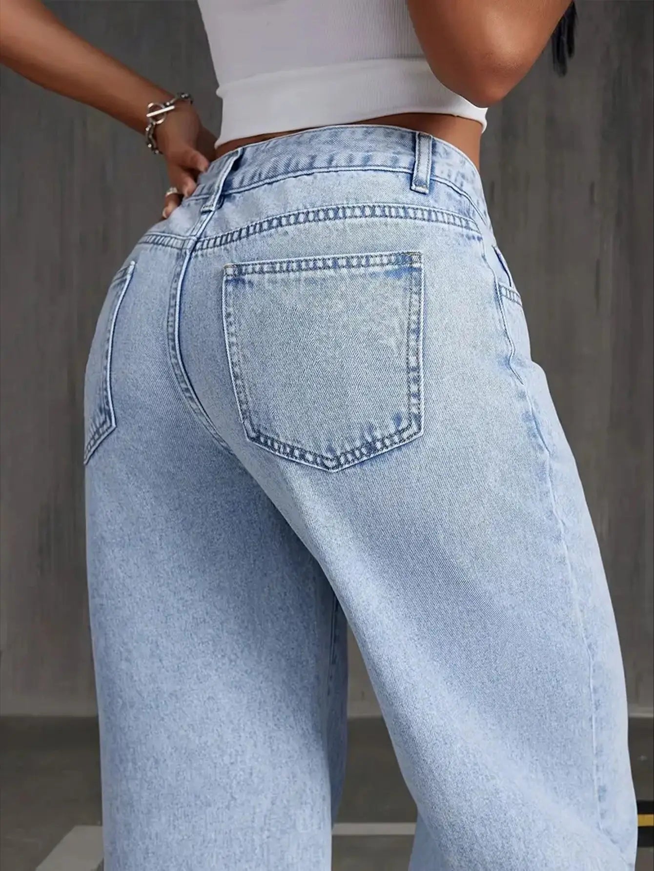 Stretchy Denim Wide Leg Pants with Pockets and Subtle Distressing for Everyday Ease