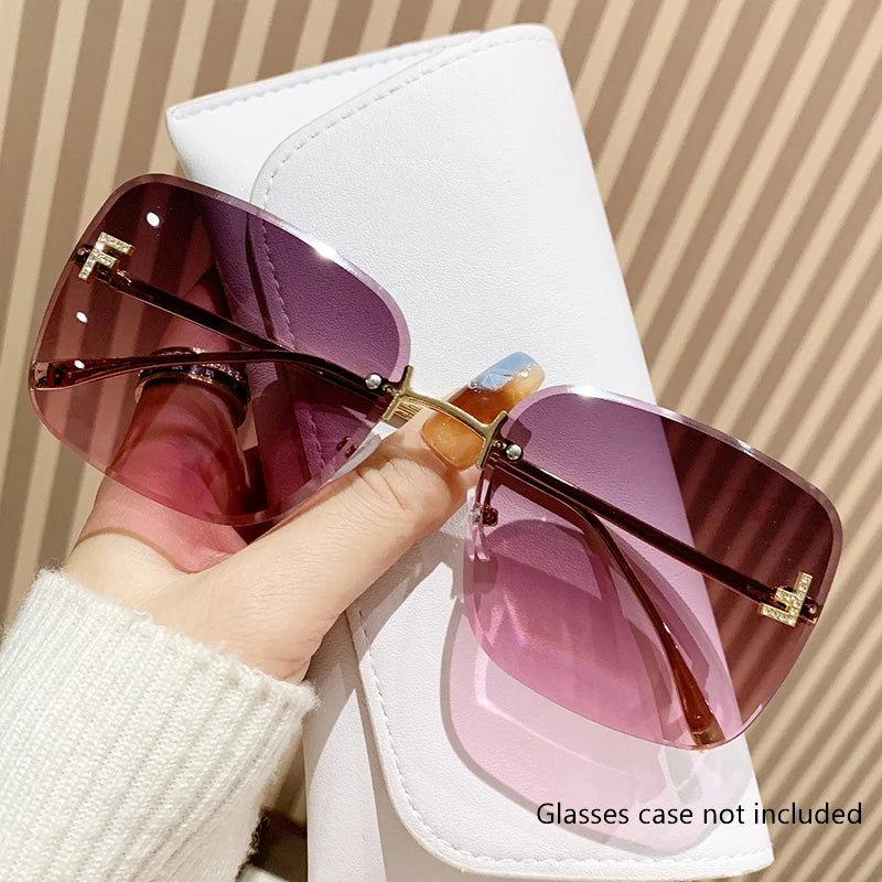 Featherlight Rimless Sunglasses Large Square Frame with Diamond Accent
