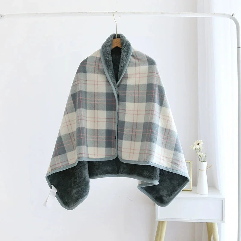 Plaid fleece wearable blanket poncho with button front