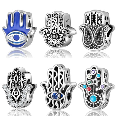 925 Silver Blue Enamel Fatima Hand Charm - DIY Jewelry Beads for Charm Bracelets