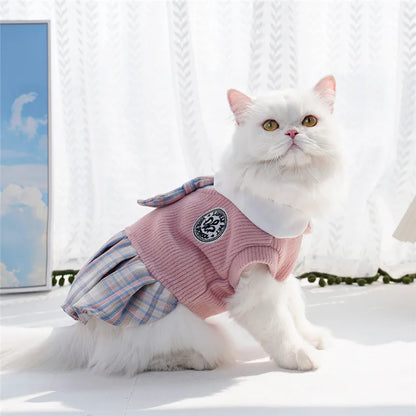 Knitted dog dress with a plaid skirt for everyday outings