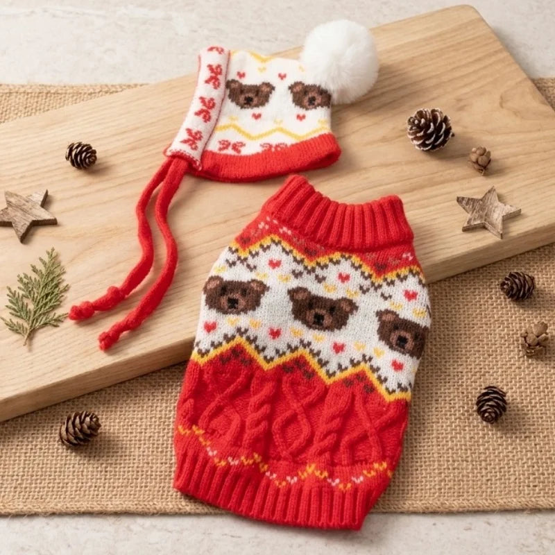 Retro-print dog sweater with optional matching hat set