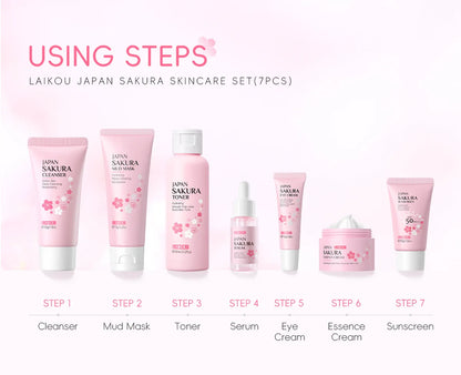 Korean Sakura Skincare Set Hydration Moisturize Cleanse Pores Sunscreen Protection Cosmetic Beauty