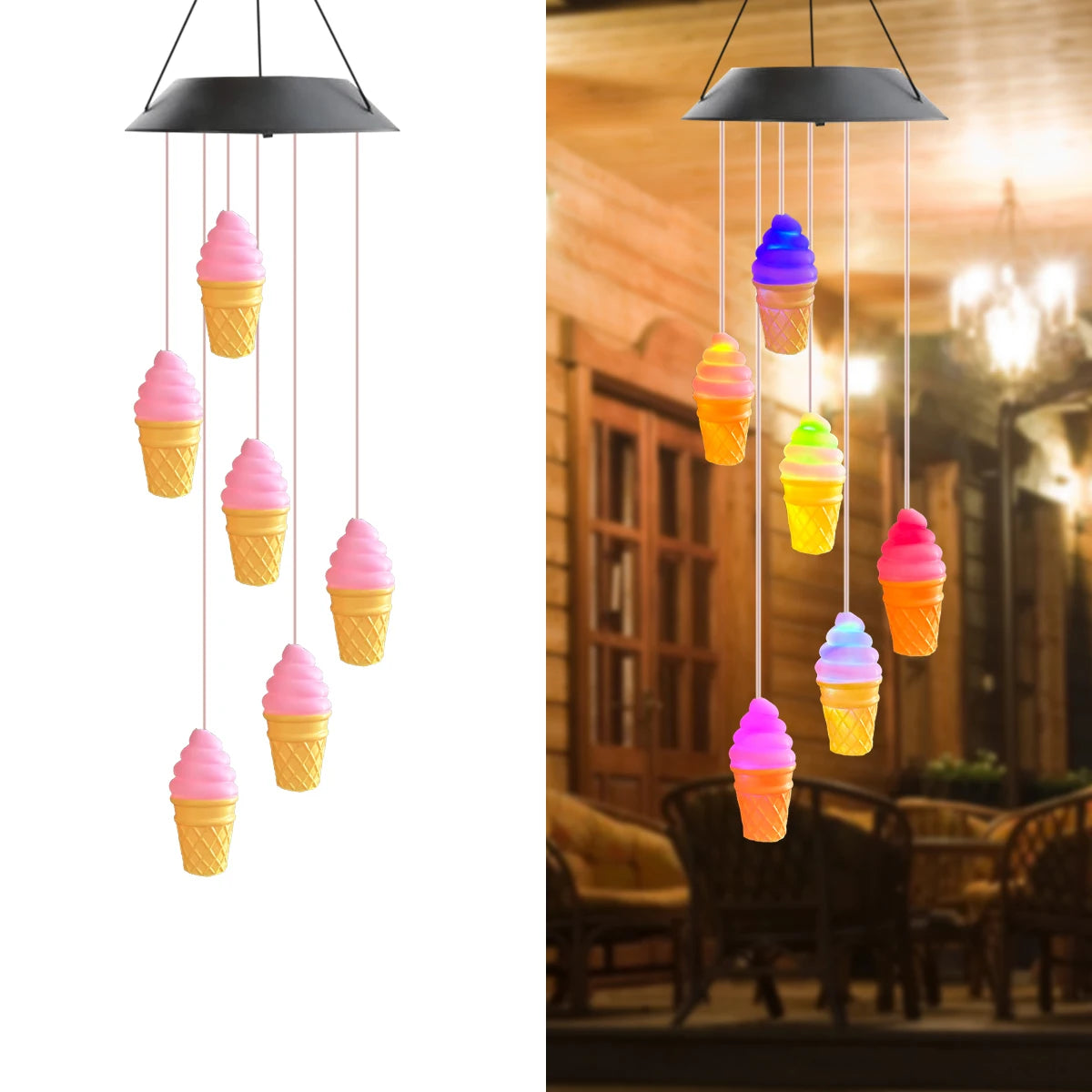 Home decor solar wind chimes with LED ice cream cone hanging lights