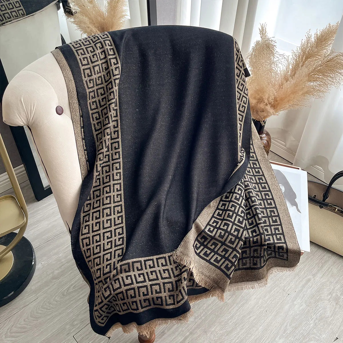 Sun-Protective Hijab Scarf with Golden Thread Accents for Styling