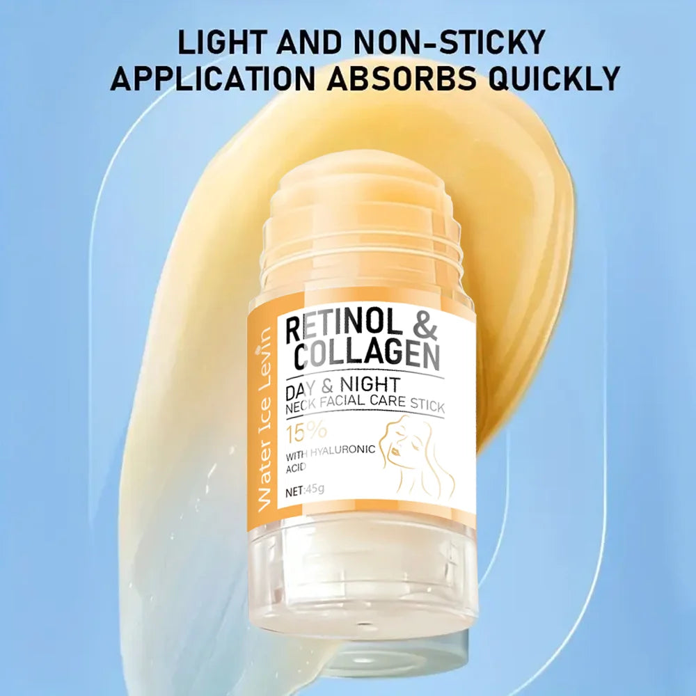 Retinol and collagen face and neck cream stick in a clear plastic container with a yellow label against a blue background.
