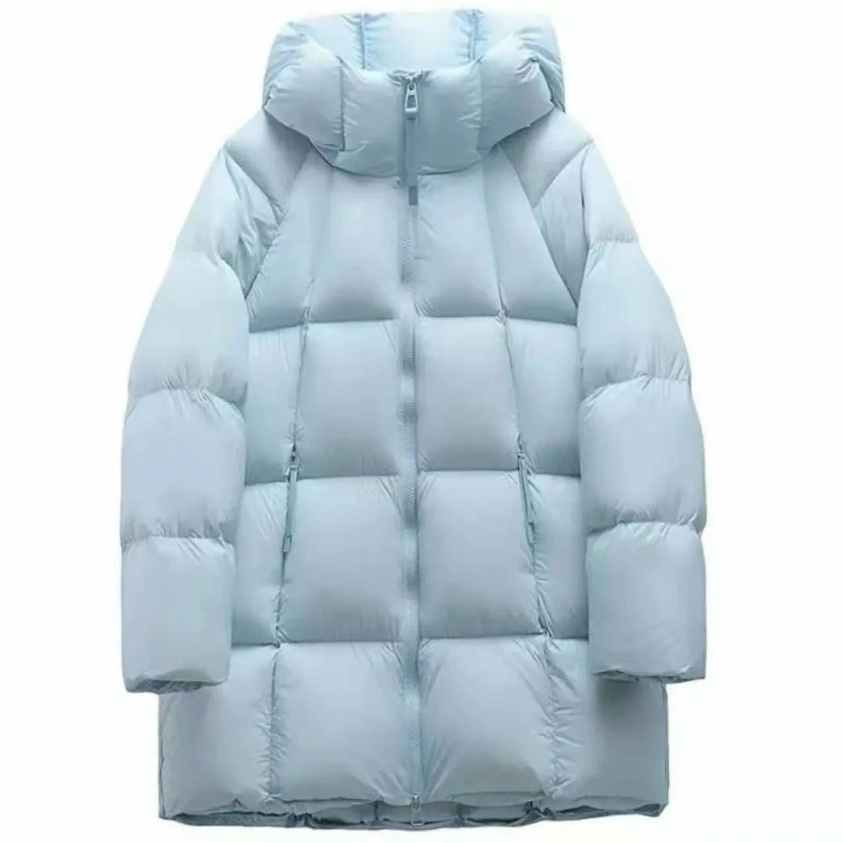 Women's long puffer hooded jacket with pockets