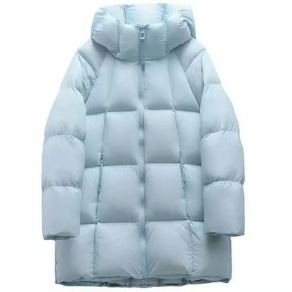 Women's long puffer hooded jacket with pockets