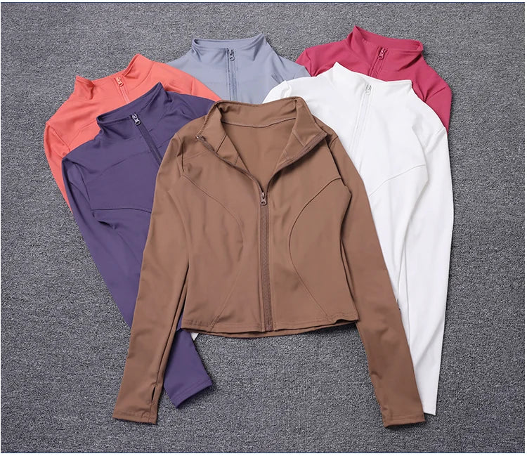 Multi-colored polyester zip-up sculpting sport jacket for gym training.