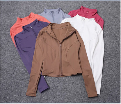 Multi-colored polyester zip-up sculpting sport jacket for gym training.