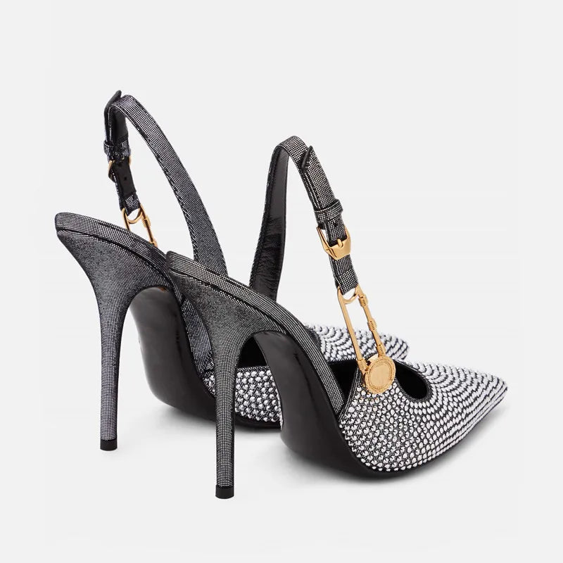 Sequined Slingback Pumps with Rhinestone Buckle for Women featuring Slim 9.6 cm Heel