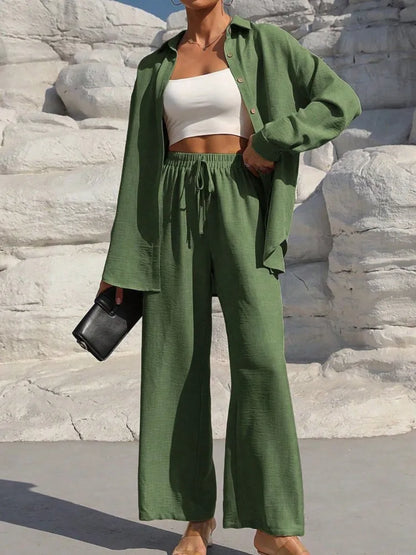 Fashion Solid Set For Women Casual Long Sleeve Turn-down Collar Shirt Tops+High Waist Wide Leg Pants 2 Pieces Sets Lady Clothes