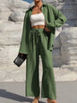 Fashion Solid Set For Women Casual Long Sleeve Turn-down Collar Shirt Tops+High Waist Wide Leg Pants 2 Pieces Sets Lady Clothes