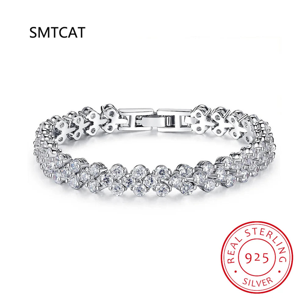 Shimmering Bracelet With Chain Link Cubic Zirconia Sterling Silver
