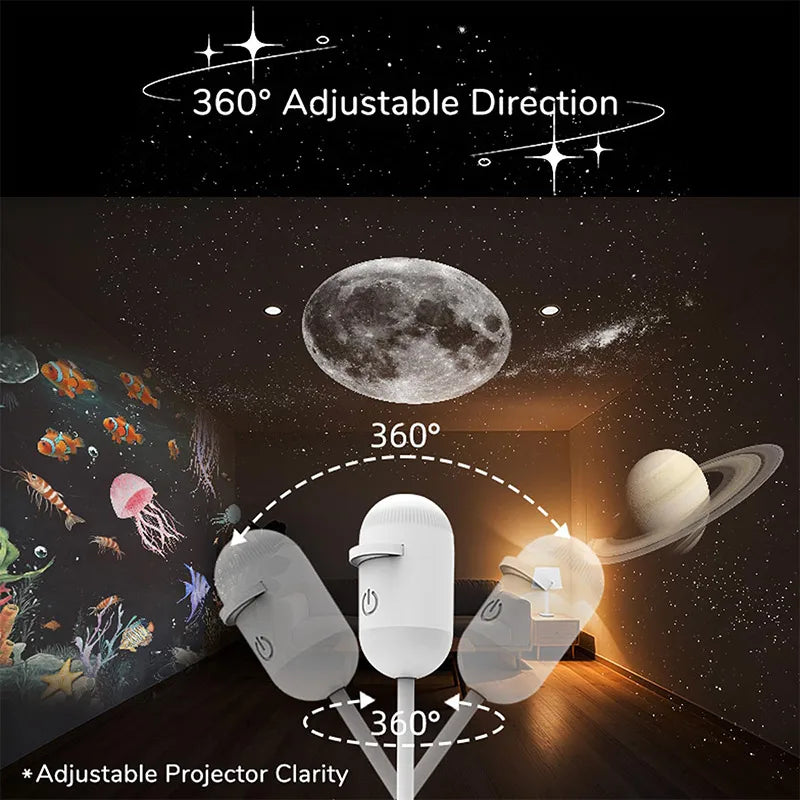 White LED ambient projector light with a gooseneck for adjustable focus, projecting space themes for bedroom decor.