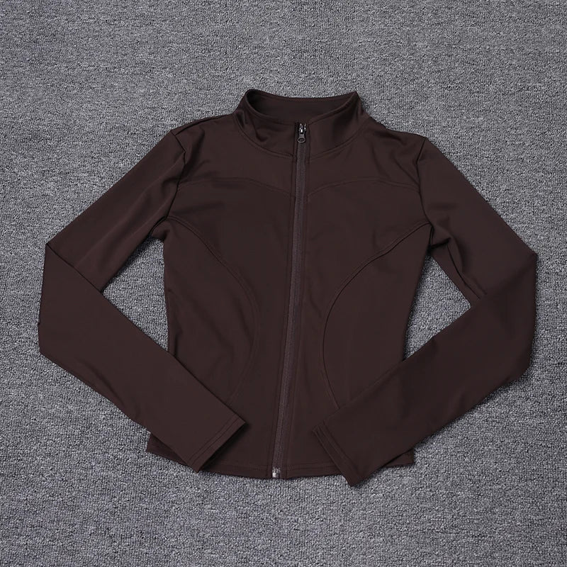 Dark brown zip-up polyester sport jacket with a fitted design for gym training and yoga.