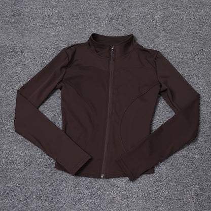 Dark brown zip-up polyester sport jacket with a fitted design for gym training and yoga.