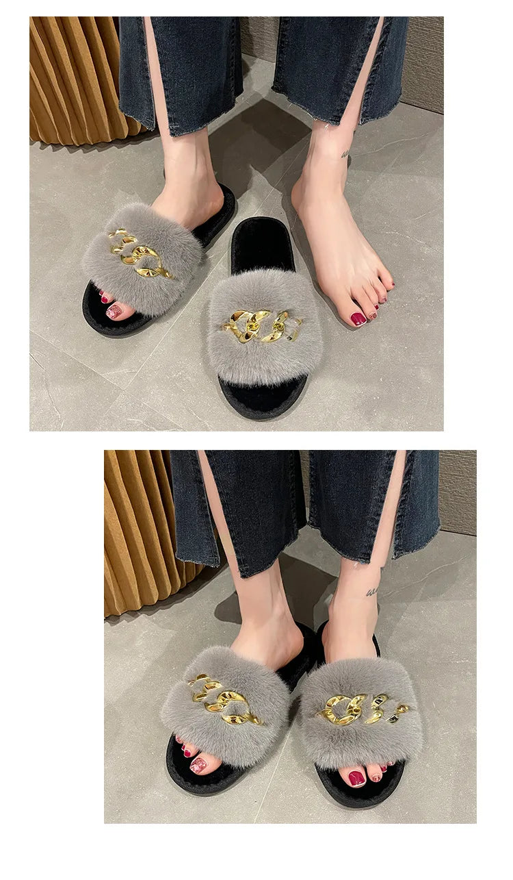 Plush Slippers for Women with Chain Detail and Cushioned Sole