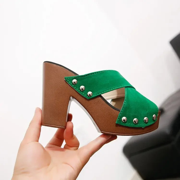 Green suede peep toe platform sandals with silver rivets and brown block heels for comfortable daily wear.