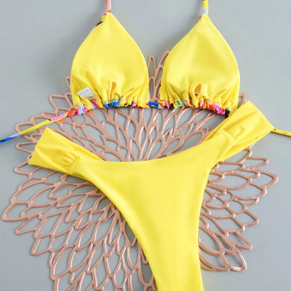 Women's Triangle Lace-Up Bikini Set with Adjustable Straps and Thong Bottom