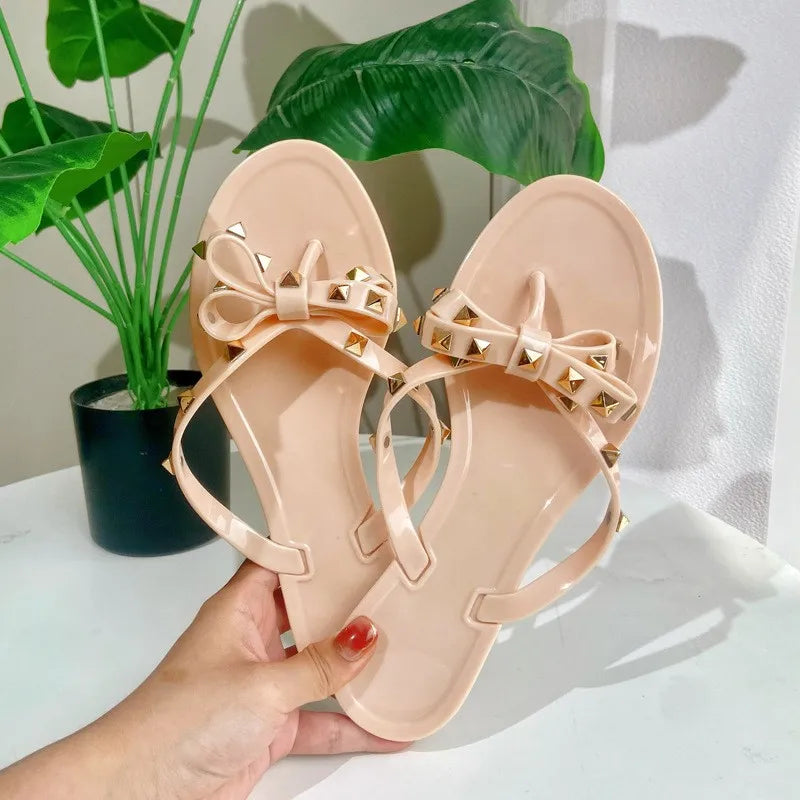 Studded Flat Bot Thong Slippers Holiday Beach Sandals Women's Jelly Slip-On oes Comfortable Casual PVC Footwear