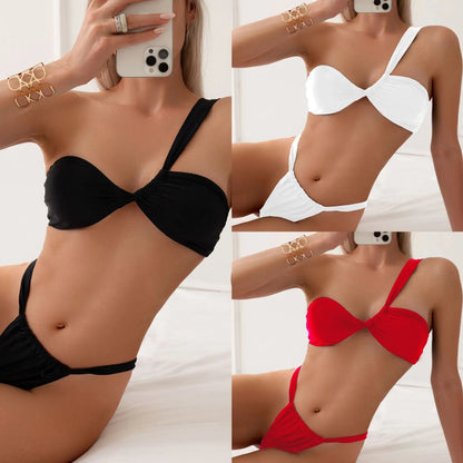 Women's One-Shoulder Bikini Set with High-Waist Bottom and Knotted Detail