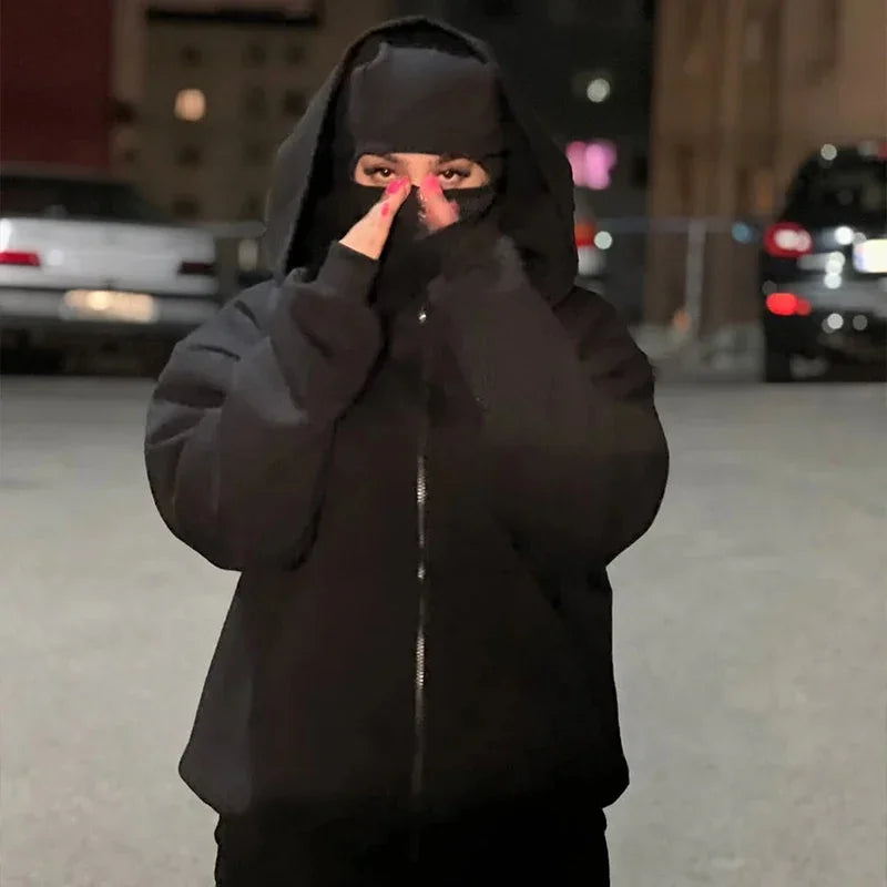 Unisex Cotton Blend Zip Hoodie With Built-In Hooded Face Mask For Cold Weather And Everyday Wear