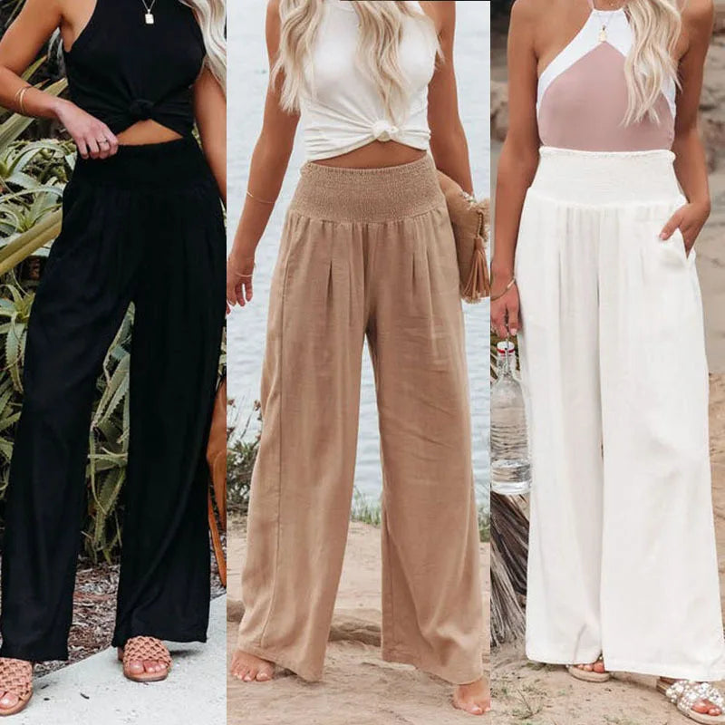 Women's Nylon-Cotton Blend Pants With Drawstring Wide-Leg And Mid Rise Breathable
