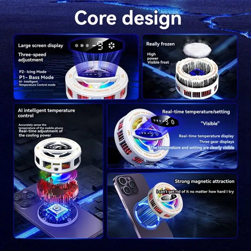 White circular magnetic phone cooling fan with LED, digital display, and three-speed tech for mobile gaming sessions.