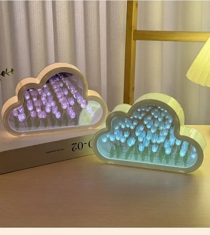 Cloud-shaped LED home decor with purple and blue tulip glass motifs for desk lighting.