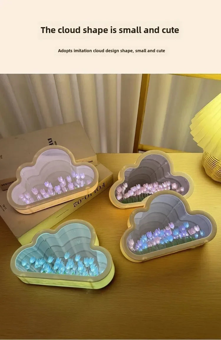 Cloud-shaped crystal glass LED home decor lamp with a tulip motif and sculpted base for ambient bedroom lighting.