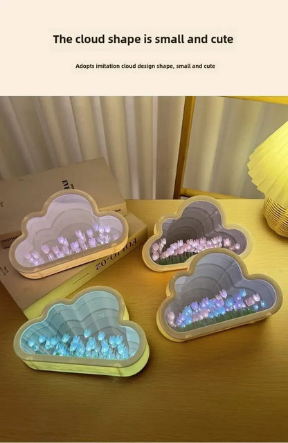 Cloud-shaped crystal glass LED home decor lamp with a tulip motif and sculpted base for ambient bedroom lighting.