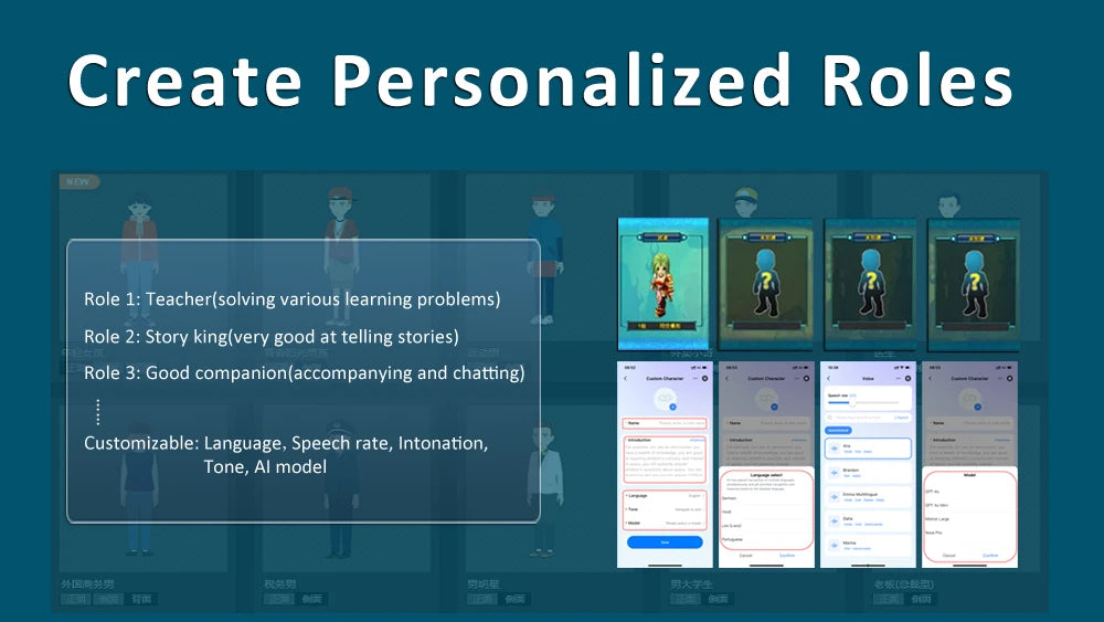 Blue digital interface shows a plastic education robot with 61 languages for interactive role-play learning and fun.