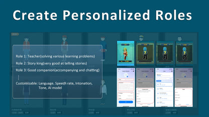 Blue digital interface shows a plastic education robot with 61 languages for interactive role-play learning and fun.