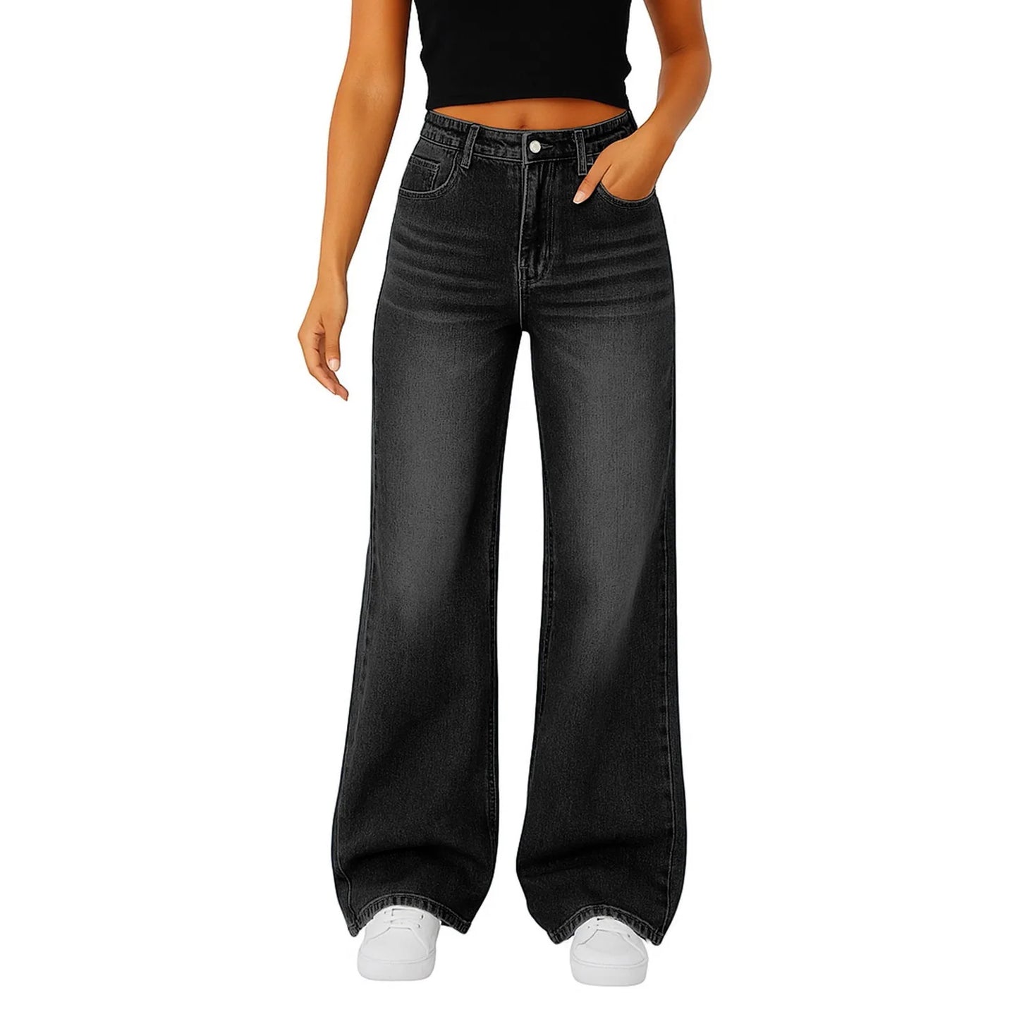 Soft Light Blue Wide Leg Jeans High Waist With Front Pockets Stretch