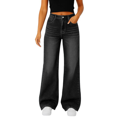 Soft Light Blue Wide Leg Jeans High Waist With Front Pockets Stretch
